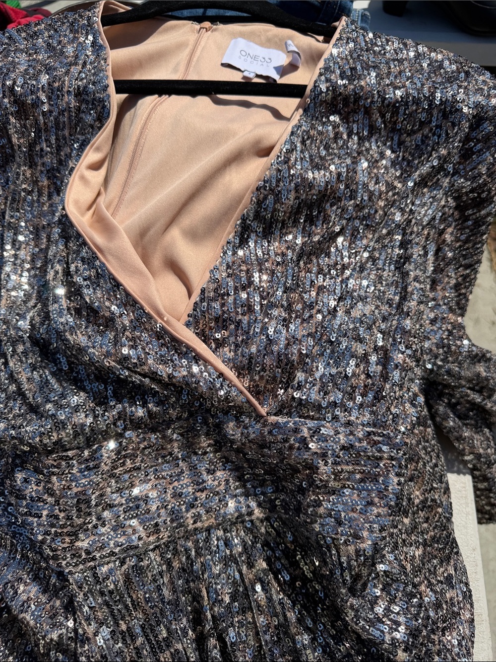 ONES33 Sequin Cocktail Dress in Champagne and Silver
